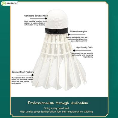 ALPSPORT 6pcs White Goose Feather Shuttlecocks- 606