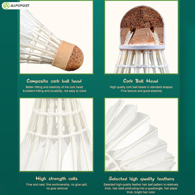 ALPSPORT 6pcs White Goose Feather Shuttlecocks- 606