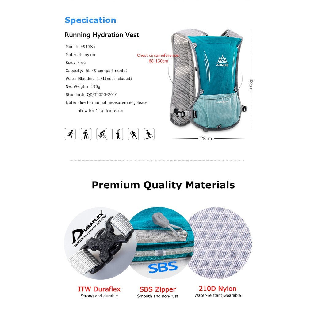 Aonijie 5L Hydration Backpack Running Vest - MINT GREEN (Vest only)
