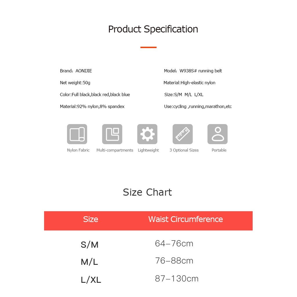 Aonijie Slim Waist Belt with 250ml Soft Flask - BLACK M/L