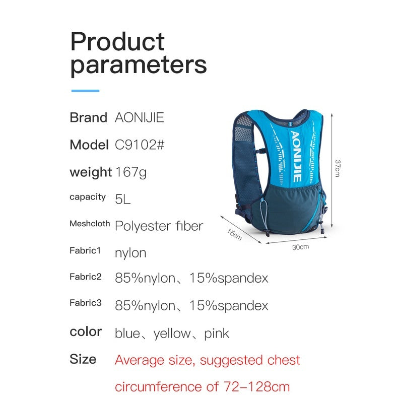 Aonijie 5L Running Vest Hydration Backpack - BLACK - C9102 (Vest Only)