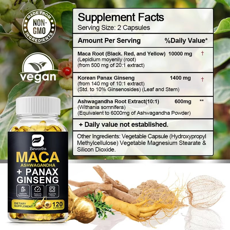 Beworths Maca Root Capsules with Ashgwanda Dietary Herbal Supplements