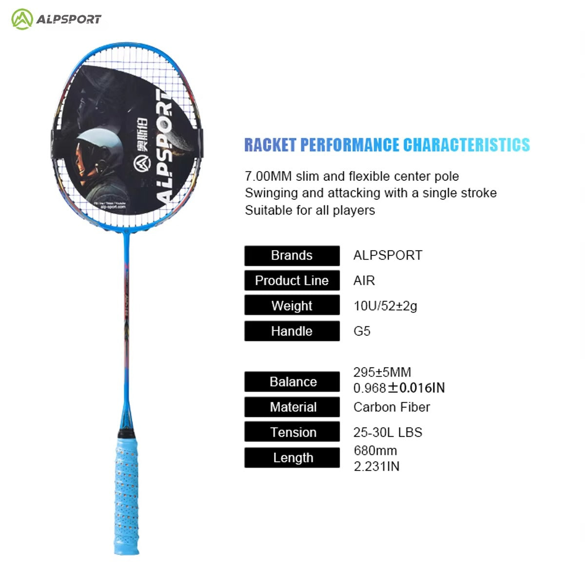 ALPSPORT AIR 10U G5 Carbon Fiber Badminton Racket (Single)