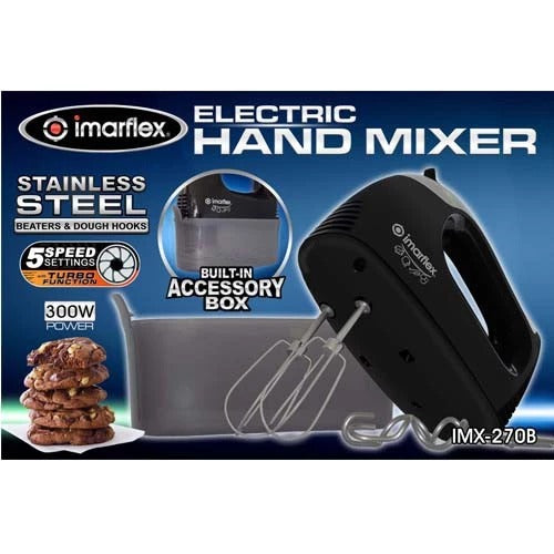 Imarflex IMX-270B Electric Hand Mixer with Built-in Accessory Box (5 SPEEDS) - BLACK
