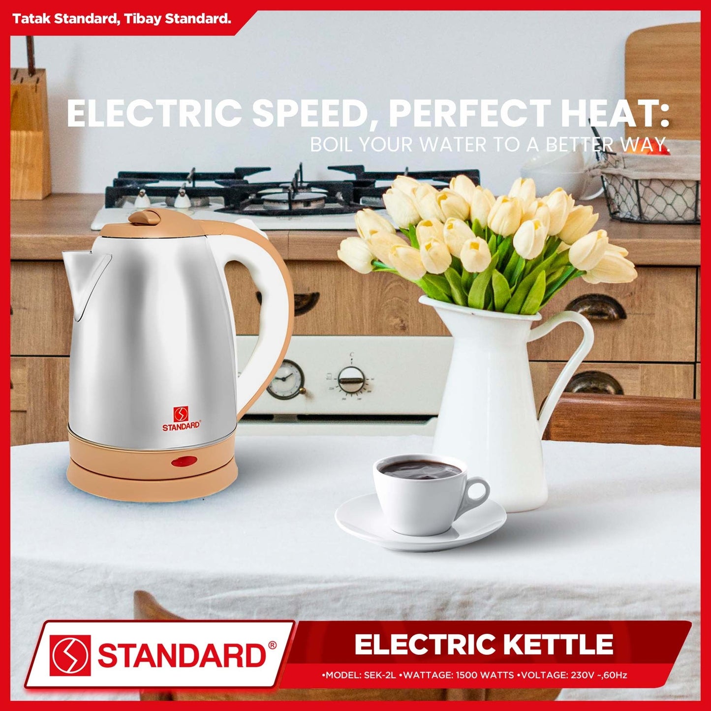 STANDARD ELECTRIC KETTLE 2L 1500W - STAINLESS STEEL BODY