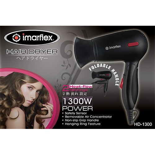 Imarflex HD-1300 Portable Hair Dryer - Foldable Handle (BLACK)