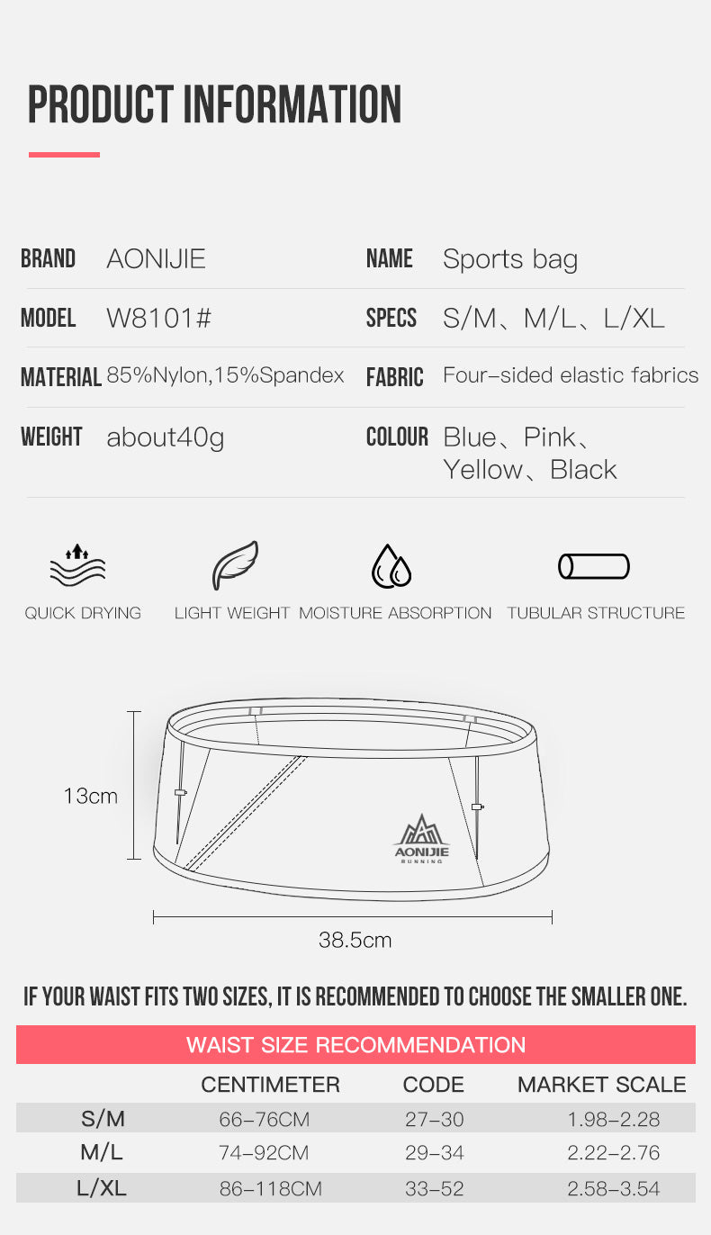 AONIJIE Ultralight Quick-drying Waist Belt Bag - BLACK