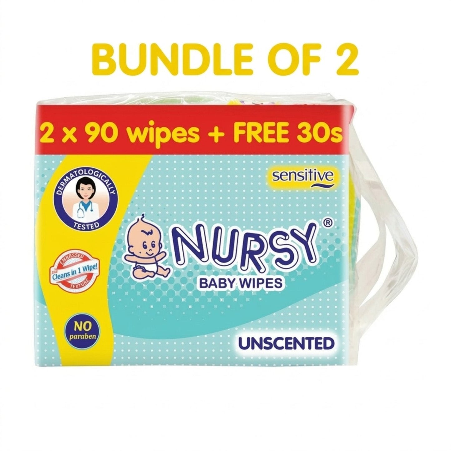 [BUNDLE OF 2 or 8] - Nursy Baby Wipes Unscented 90s x 2 + 1 Free 30 wipes