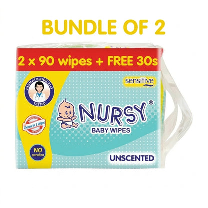 [BUNDLE OF 2 or 8] - Nursy Baby Wipes Unscented 90s x 2 + 1 Free 30 wipes