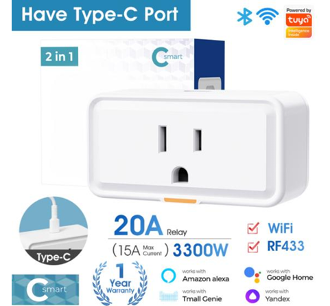 SMATRUL Tuya 15A Smart Plug Outlet WiFi Socket Adaptor - With Type C Port