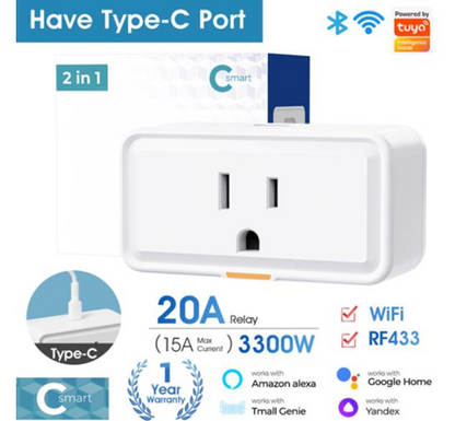 SMATRUL Tuya 15A Smart Plug Outlet WiFi Socket Adaptor - With Type C Port