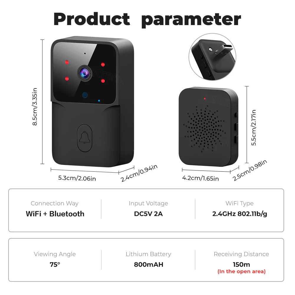Smatrul Tuya Wireless Wi-Fi Doorbell Outdoor High-Definition Camera - BLACK [1 Button 2 Receivers]