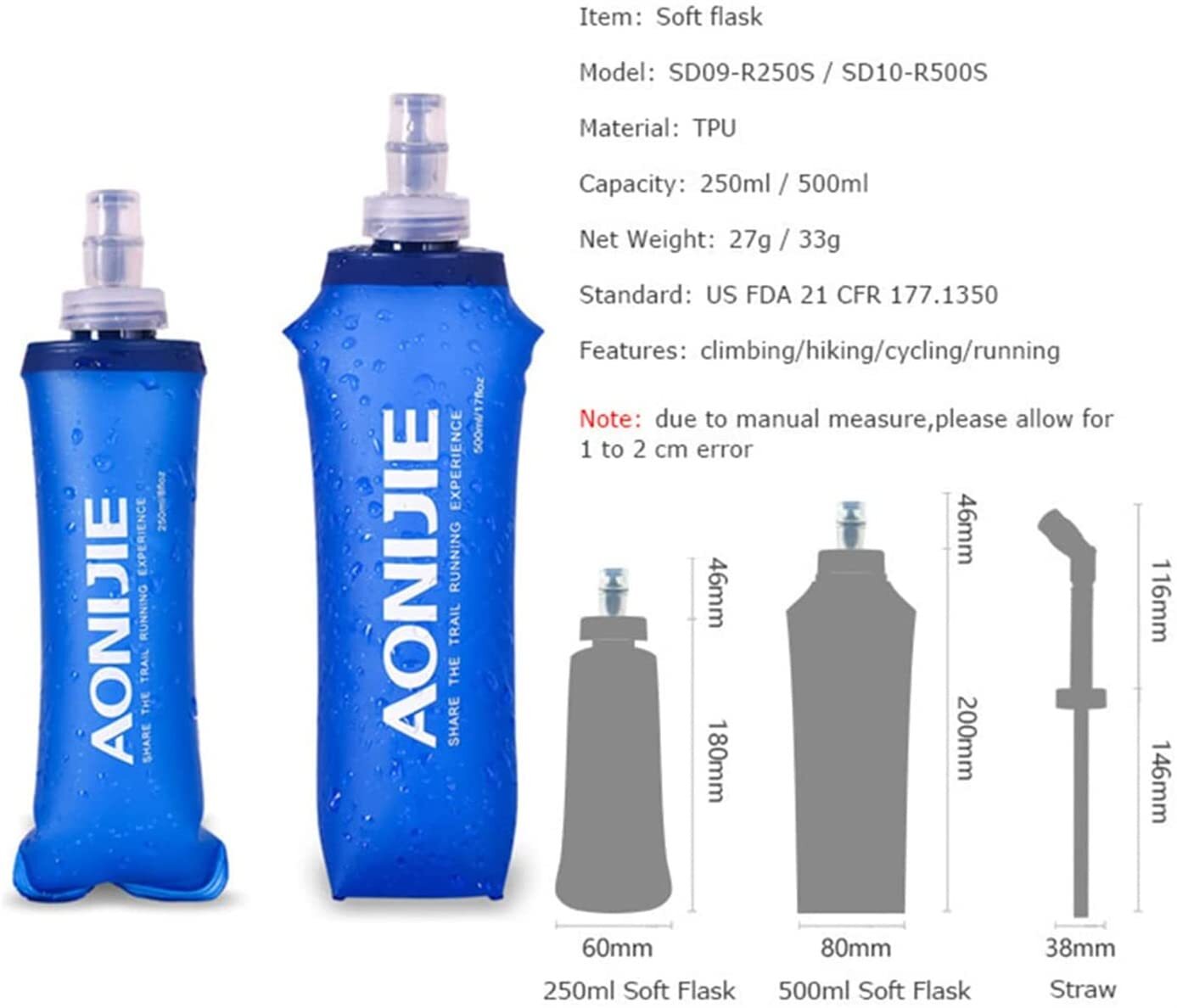 Aonijie Soft Flask Folding Water Bottle TPU 500ml