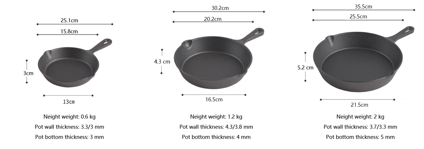 Pre Seasoned CAST IRON SET - 3 pans with 2 glass lids