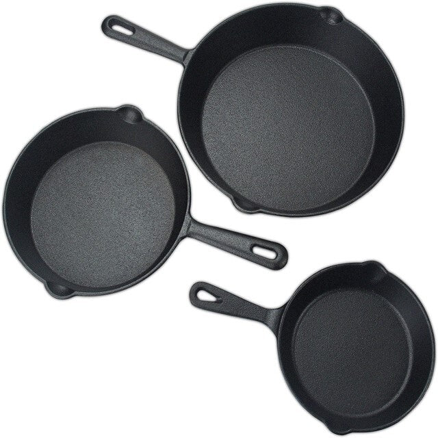 Pre Seasoned CAST IRON SET - 3 pans with 2 glass lids