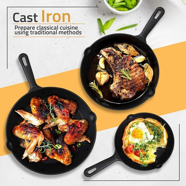 Pre Seasoned CAST IRON SET - 3 pans with 2 glass lids