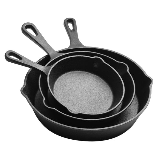 Pre Seasoned CAST IRON SET - 3 pans with 2 glass lids