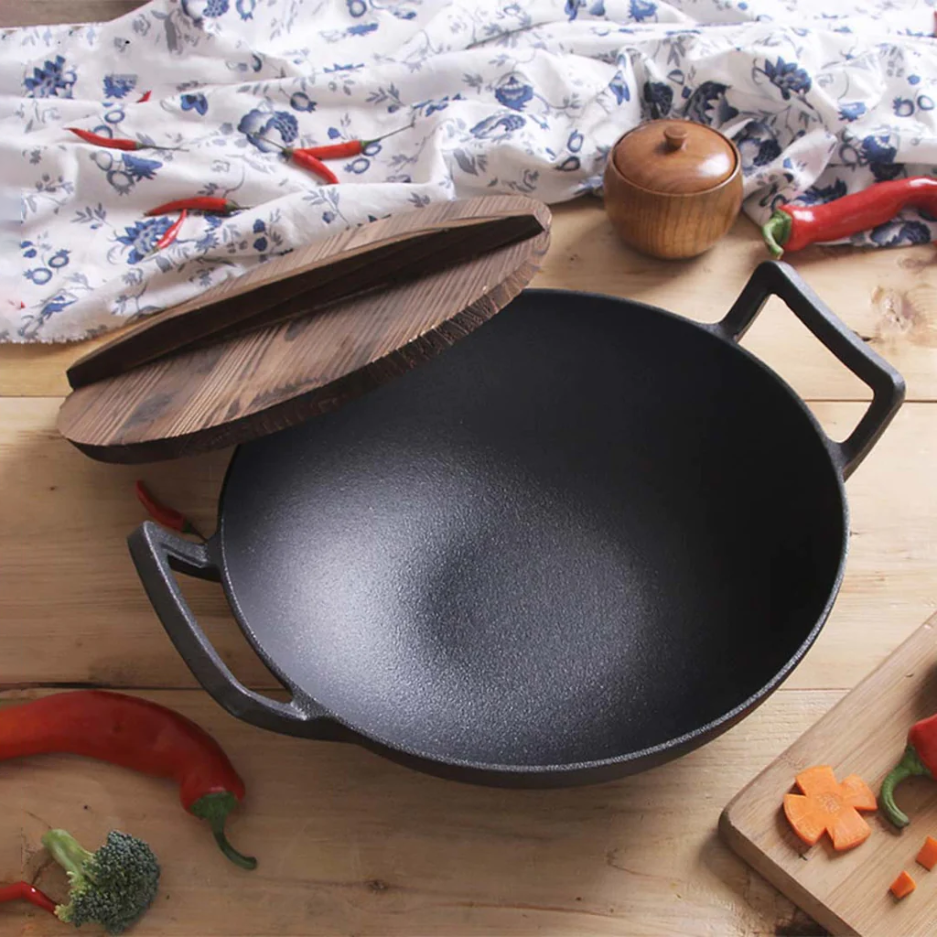 Pre Seasoned CAST IRON WOK 36cm with glass lid