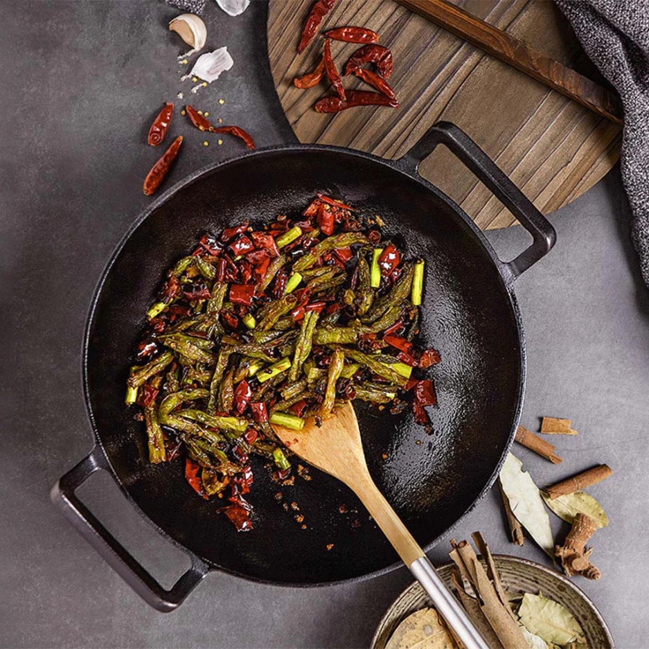 Pre Seasoned CAST IRON WOK 36cm with glass lid