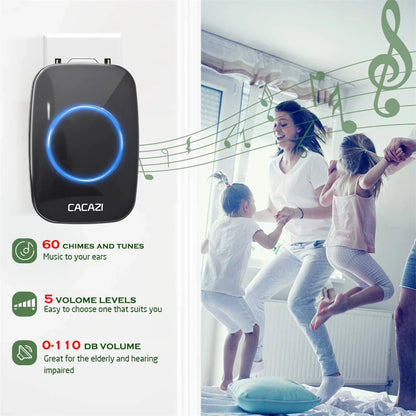 CACAZI Wireless Doorbell - Black (2pcs Button / 1pc Receiver)