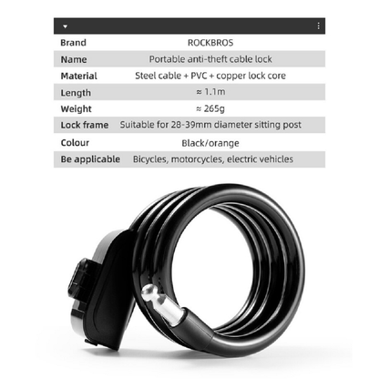 Rockbros Anti Theft BIKE LOCK Portable CABLE RING LOCK - BLACK