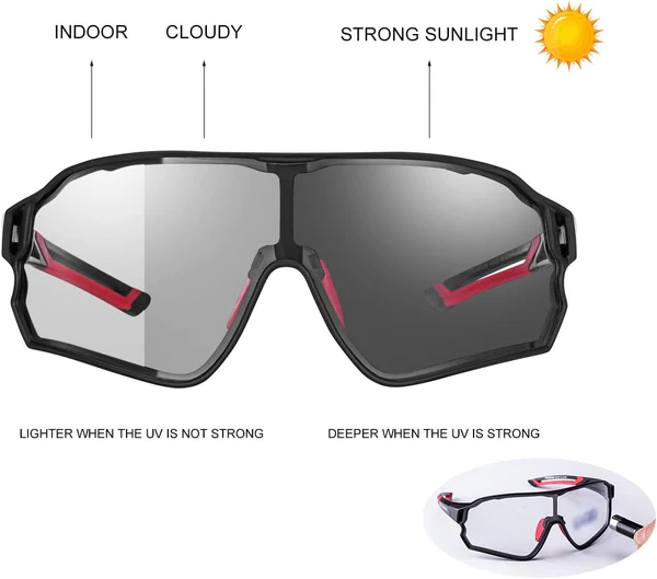 Rockbros PHOTOCHROMIC SPORTS GLASSES With UV400 Protection Coating - RED BLACK