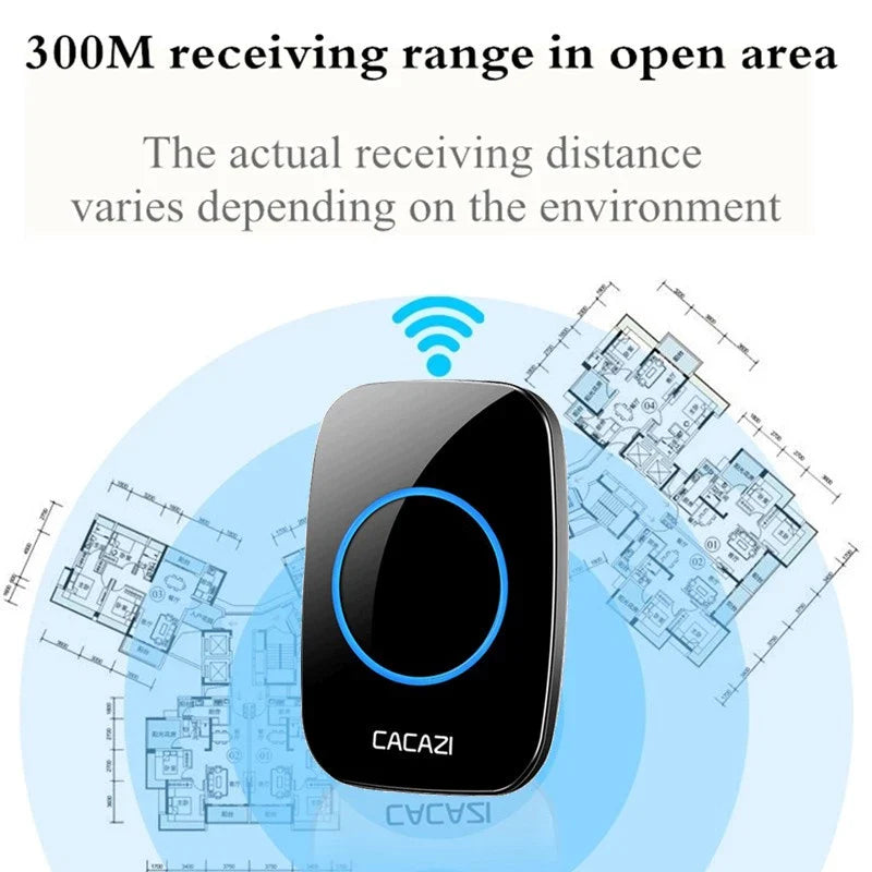 CACAZI Wireless Doorbell - Black (2pcs Button / 1pc Receiver)