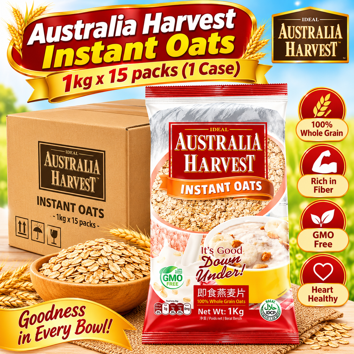 1 CASE - AUSTRALIA HARVEST Instant Oats 1kg x 15 packs (BULK)