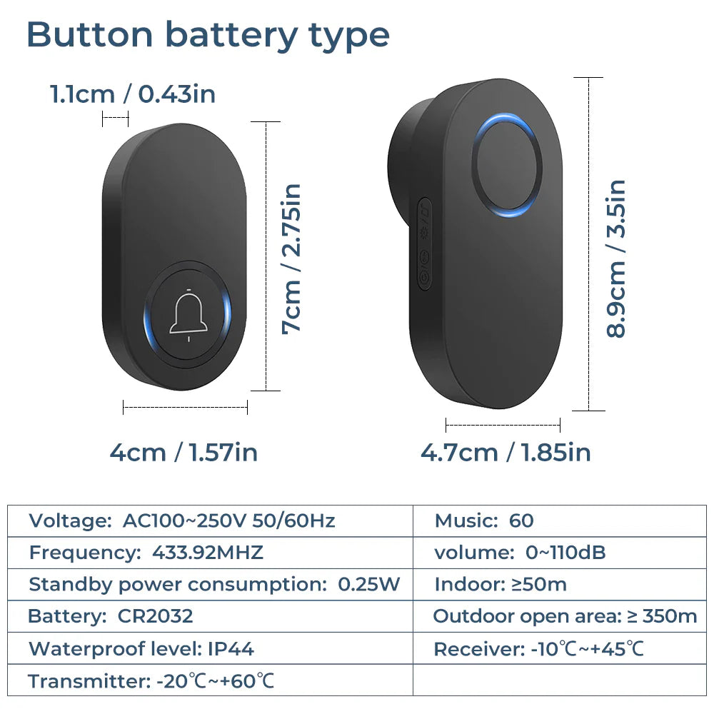 Smatrul WIRELESS DOOR BELL - BLACK BATTERY MODEL 1 Button / 1 Receiver