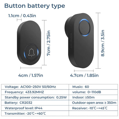 Smatrul WIRELESS DOOR BELL - BLACK BATTERY MODEL 1 Button / 1 Receiver