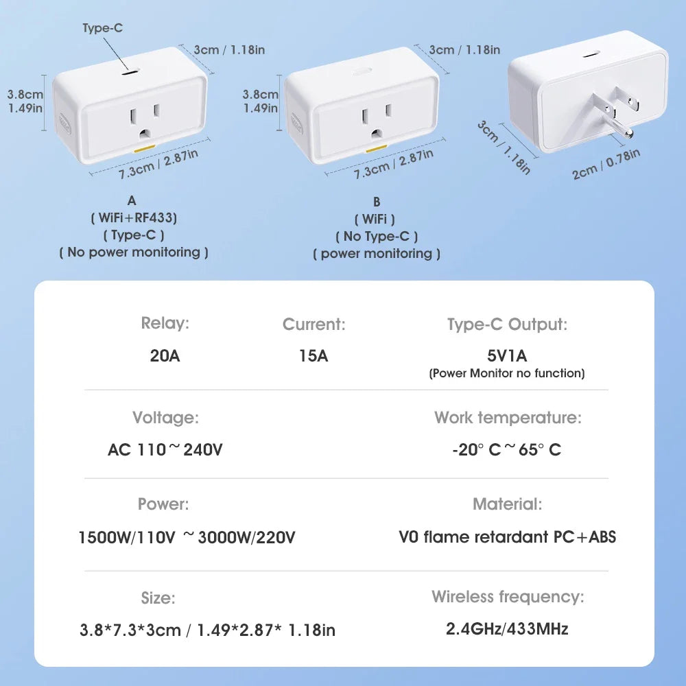 Tuya Smart Plug US Mini Smart Home Type-c Wi-Fi RF433 Outlet Timer APP Voice Works With Alexa Google Home 15A