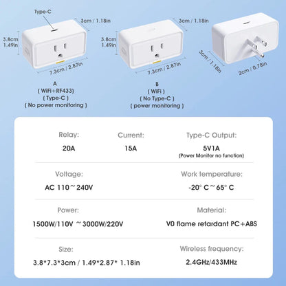 SMATRUL Tuya 15A Smart Plug Outlet WiFi Socket Adaptor - With Type C Port