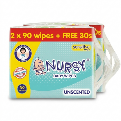 [BUNDLE OF 2 or 8] - Nursy Baby Wipes Unscented 90s x 2 + 1 Free 30 wipes