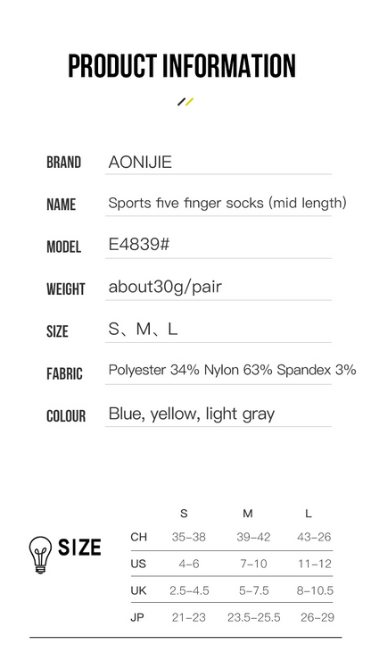 Aonijie E4839 Running Breathable Low-cut TOE SOCKS 3 Pairs - MEDIUM