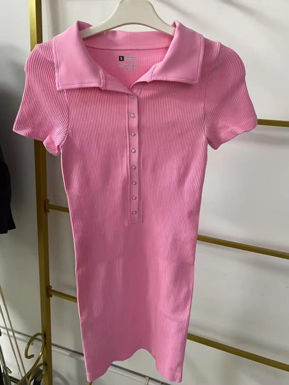 Short-sleeved Square-neck Seamless One-piece SPORTS DRESS with Button