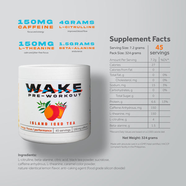 Wheyl WAKE Pre Workout ISLAND ICED TEA (324g)- 45 servings