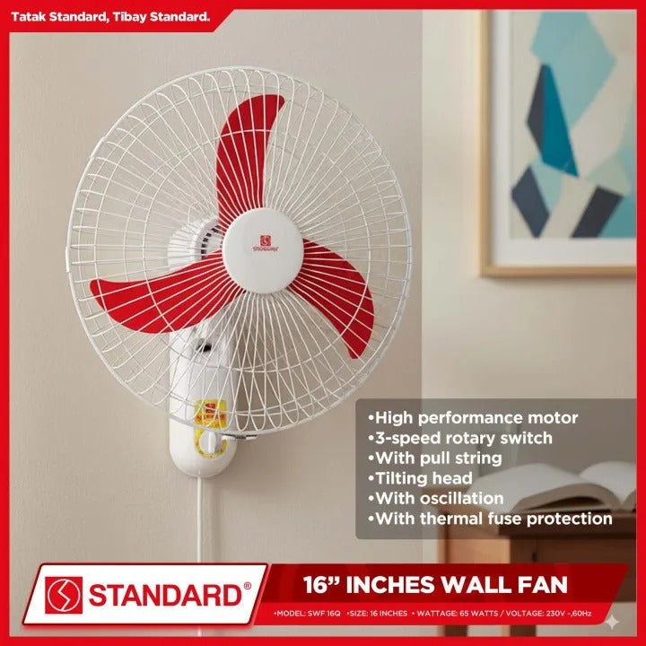STANDARD ELECTRIC FAN 16" Wall Fan Plastic Blade - Red