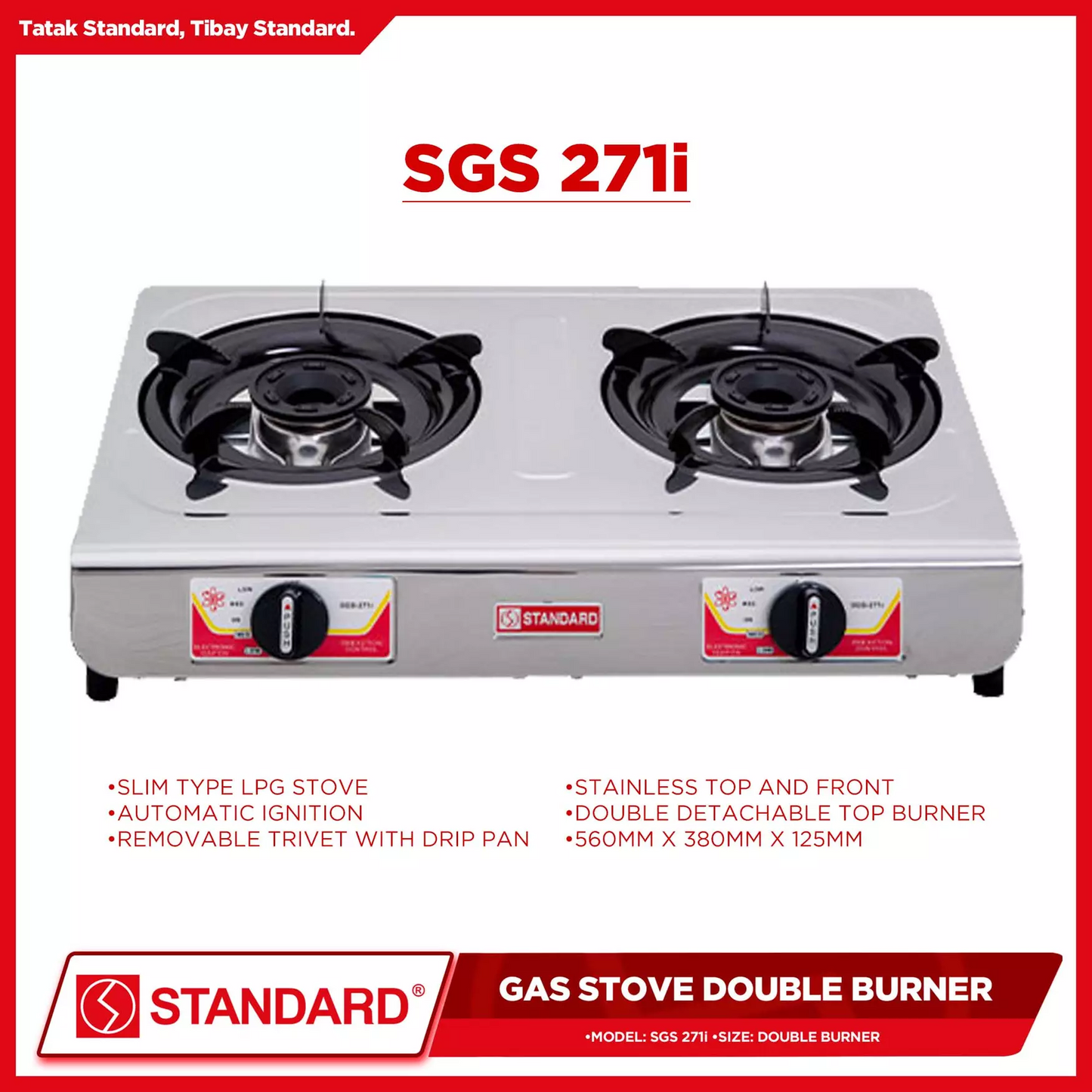 STANDARD GAS STOVE DOUBLE BURNER LPG Stainless Steel Slim Type - (BURNER ONLY)