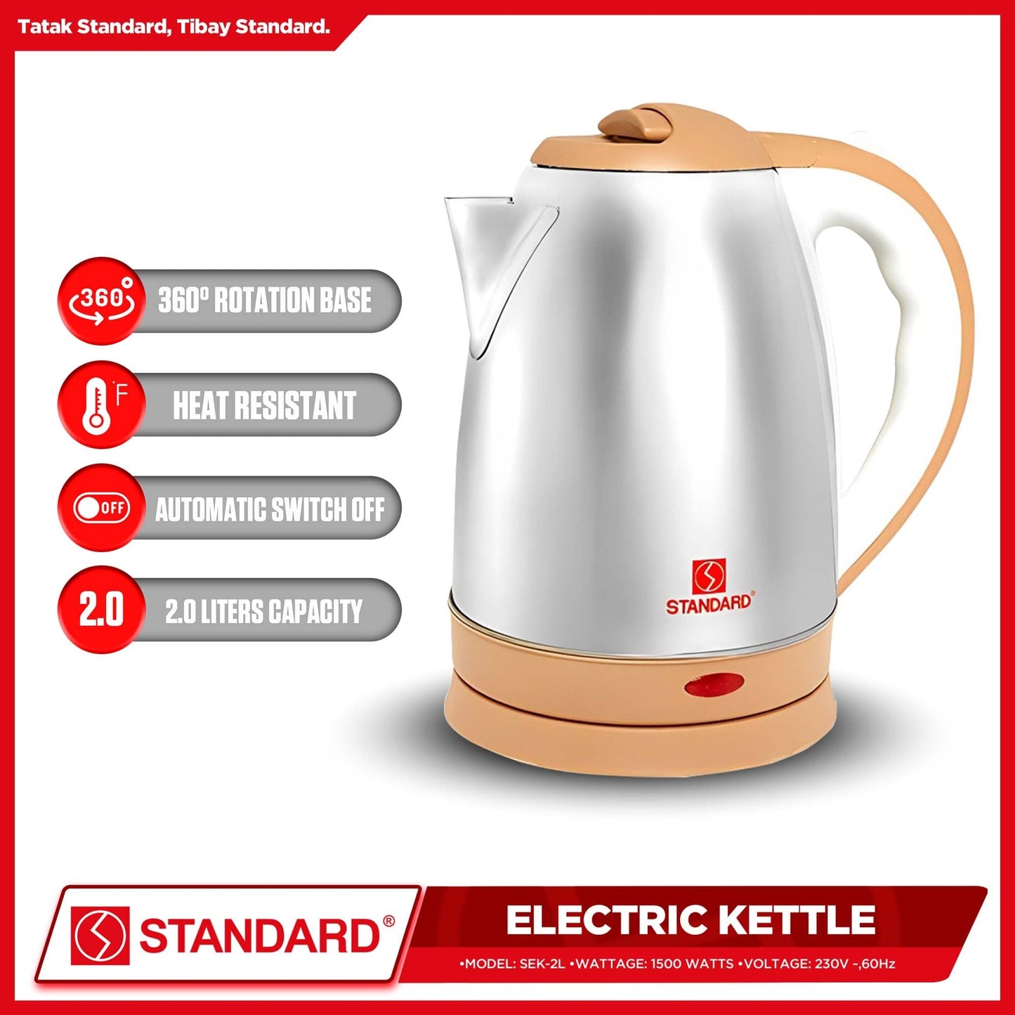 STANDARD ELECTRIC KETTLE 2L 1500W - STAINLESS STEEL BODY