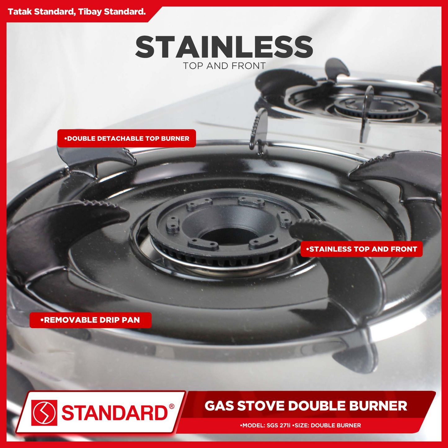 STANDARD GAS STOVE DOUBLE BURNER LPG Stainless Steel Slim Type - (BURNER ONLY)
