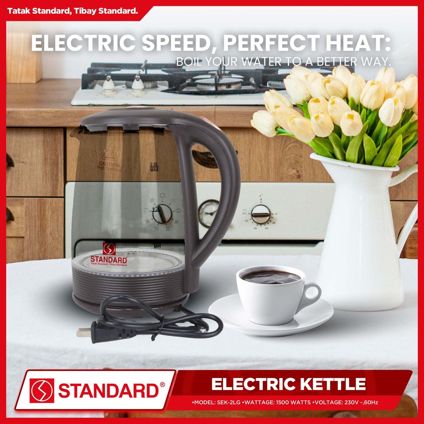 STANDARD ELECTRIC KETTLE 2L 1500W - GLASS
