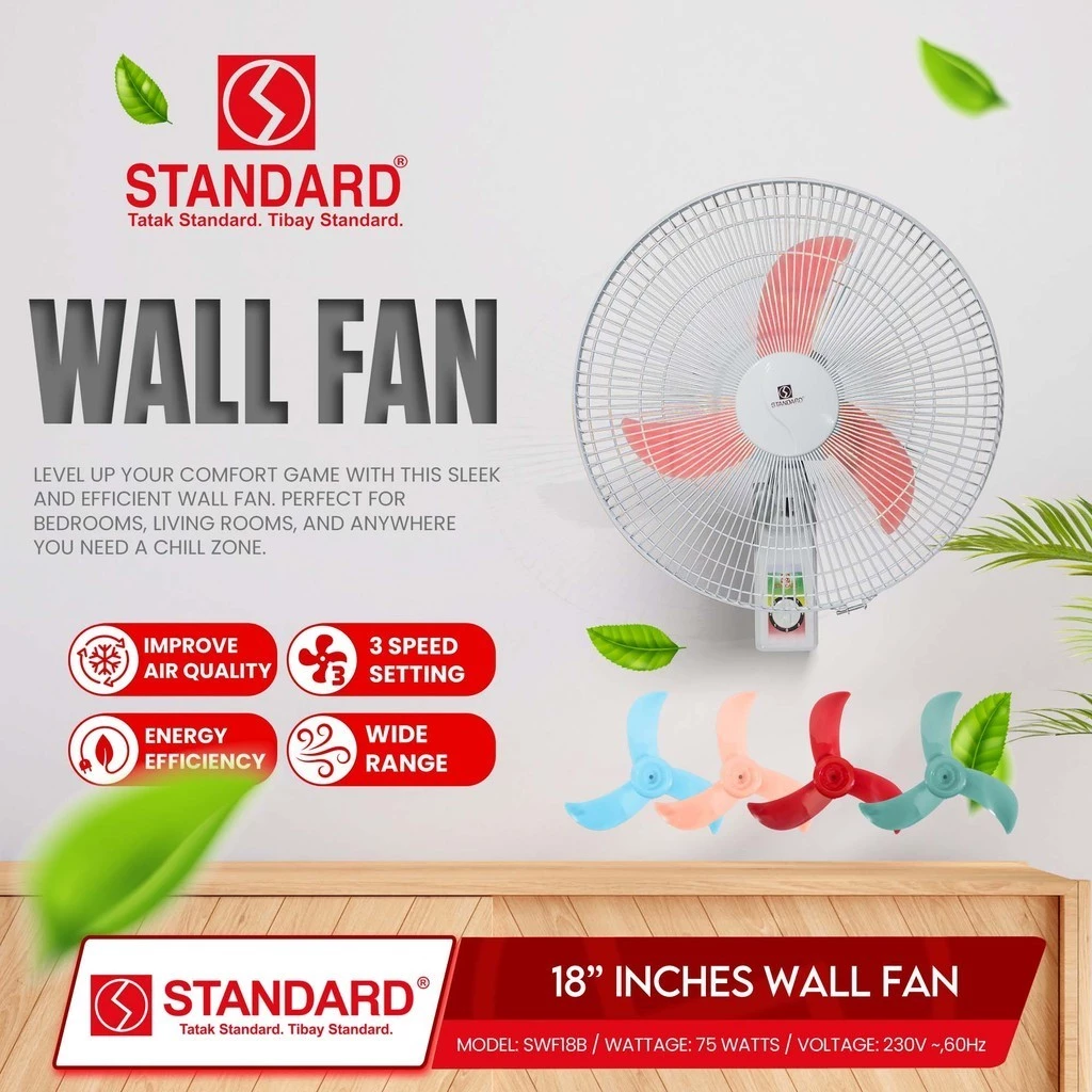 STANDRAD ELECTRIC FAN 18" Wall Fan Banana Type Plastic Blade - RED
