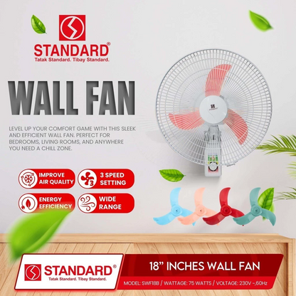 STANDRAD ELECTRIC FAN 18" Wall Fan Banana Type Plastic Blade - RED