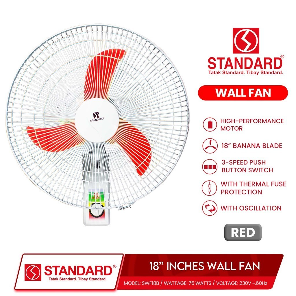 STANDRAD ELECTRIC FAN 18" Wall Fan Banana Type Plastic Blade - RED