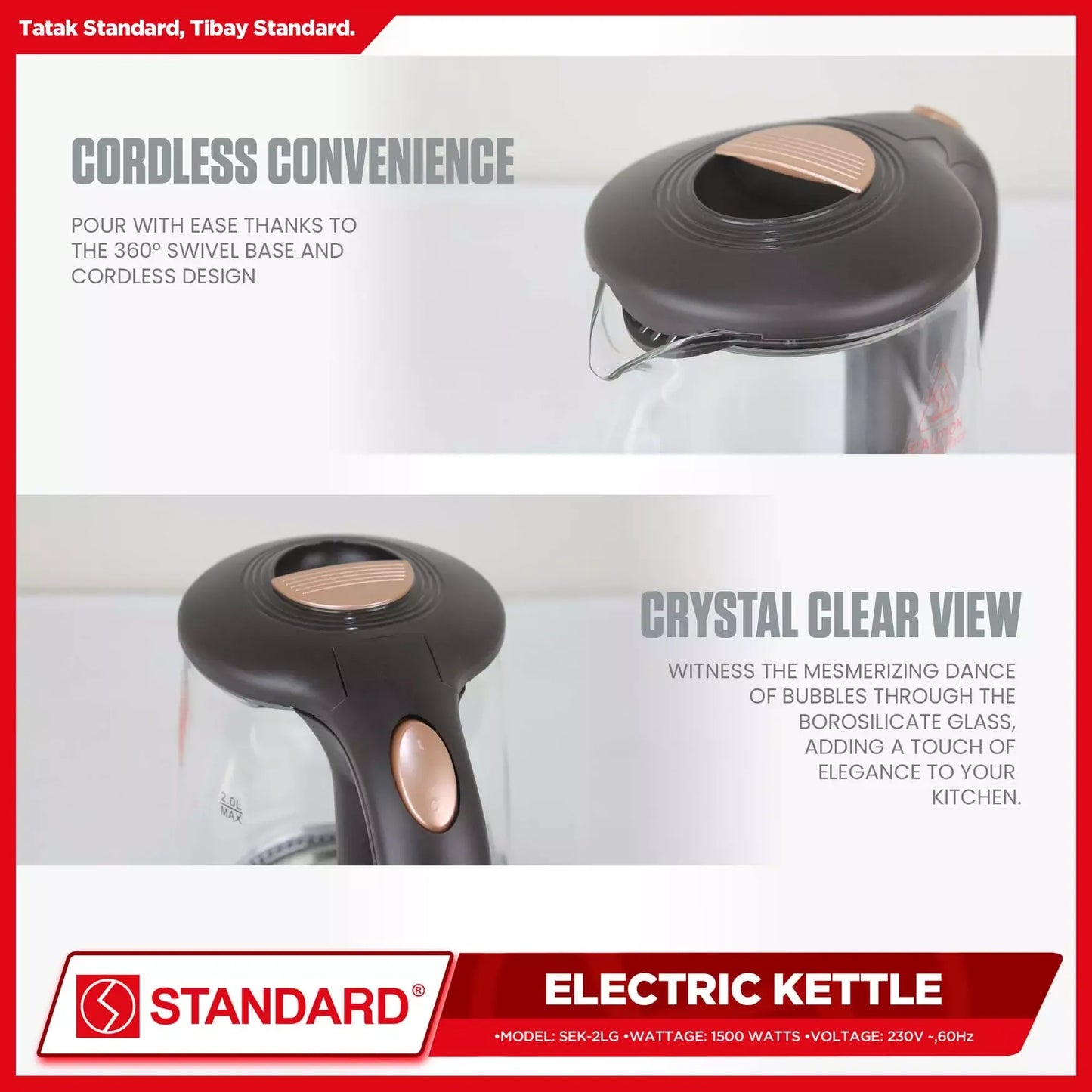 STANDARD ELECTRIC KETTLE 2L 1500W - GLASS