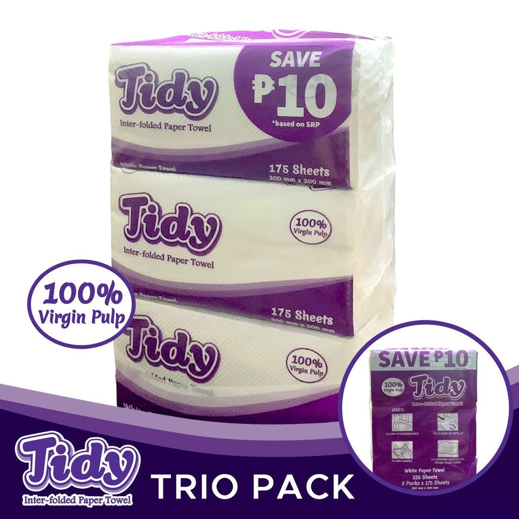 Bundle of 2 or 8 - Tidy Trio Pack Inter-Folded Paper Towel White 3 x 175 Sheets
