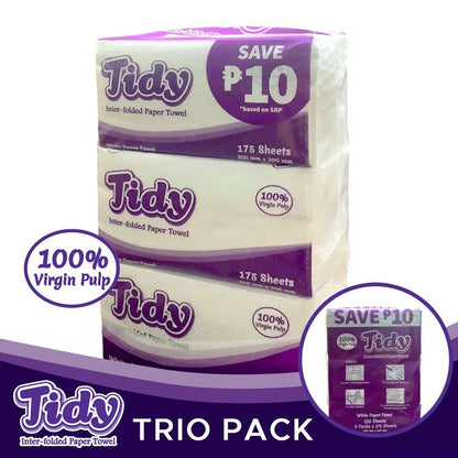 Bundle of 2 or 8 - Tidy Trio Pack Inter-Folded Paper Towel White 3 x 175 Sheets