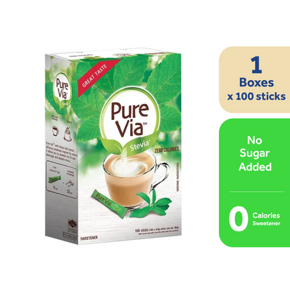 1 CASE - PURE VIA STEVIA 100 Zero Calorie Sweetener - Stevia Sweetener, Sugar Free - (100 Sticks x 12 Boxes)