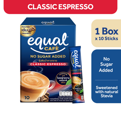 1 CASE - EQUAL CAFE CLASSIC ESPRESSO, 3-IN-1 Coffee Mix - Natural Stevia Sweetener - (10 Sticks x 12 Boxes)