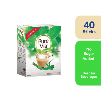 1 CASE - PURE VIA STEVIA 40 Zero Calorie Sweetener - Stevia Sweetener, Sugar Free - (40 Sticks x 12 Boxes)